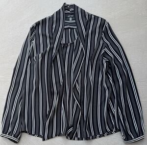 Nine West Women XL Black White Striped Draped Open Front Blouse Top